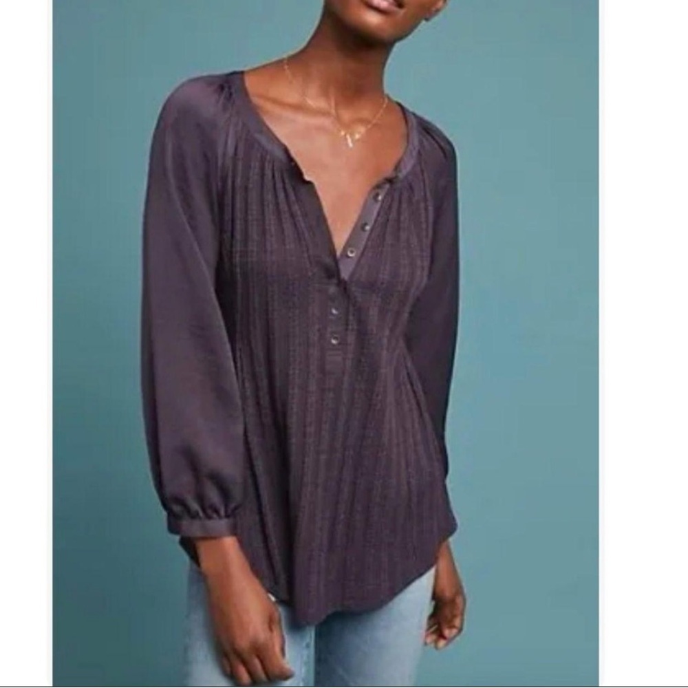 MEADOW RUE Anthropologie M Purple Kersee Henley Blouse Ballon Bishop Sleeve Top